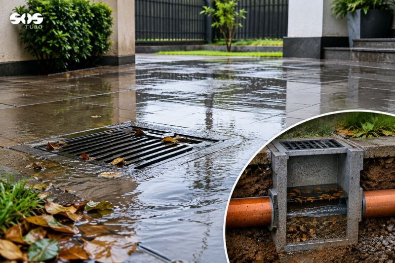 Água acumulando no pátio: como descobrir onde está o problema na rede pluvial.
