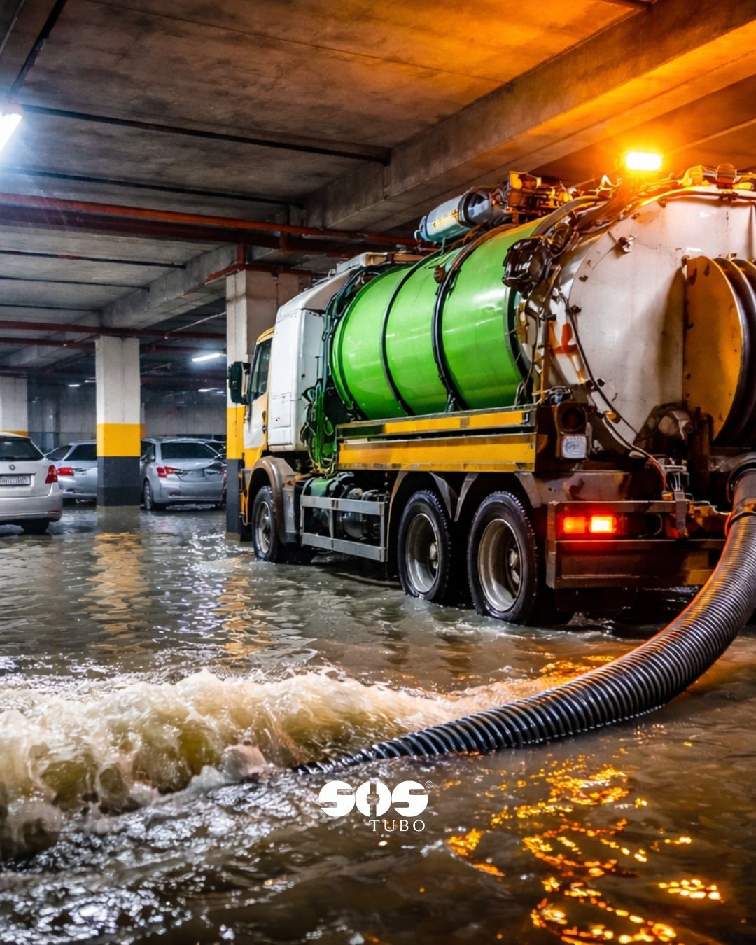 Garagem alagada em Porto Alegre? Como o caminhão de alto vácuo suga a água rápido.